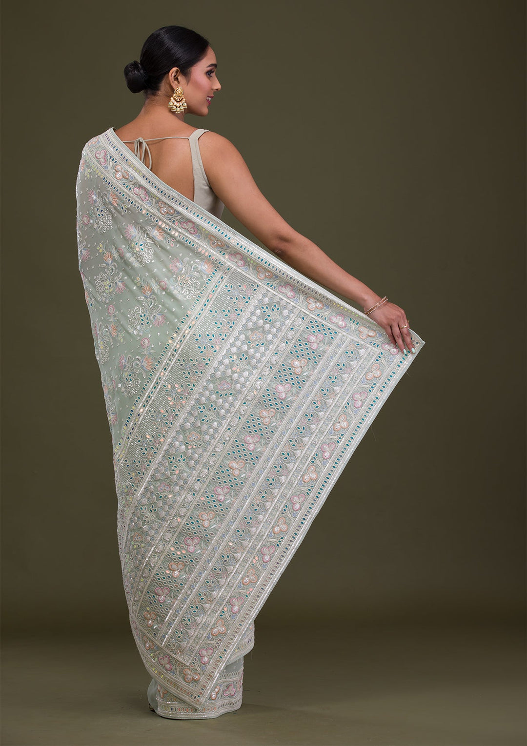 Pista Green Threadwork Georgette Saree-Koskii