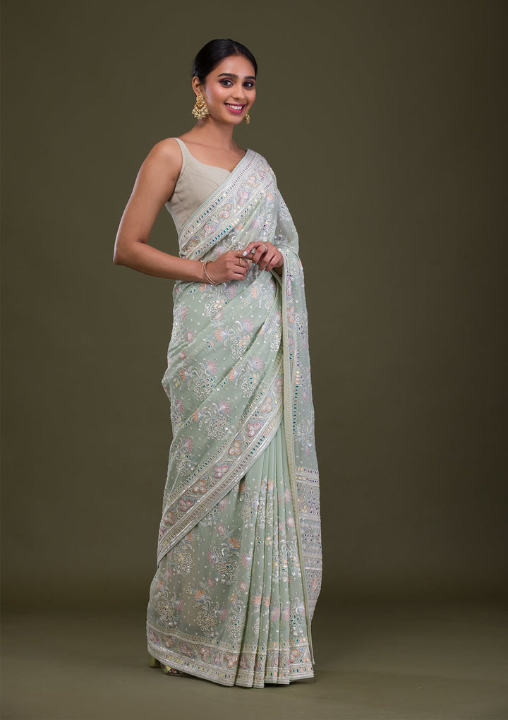 Pista Green Threadwork Georgette Saree-Koskii