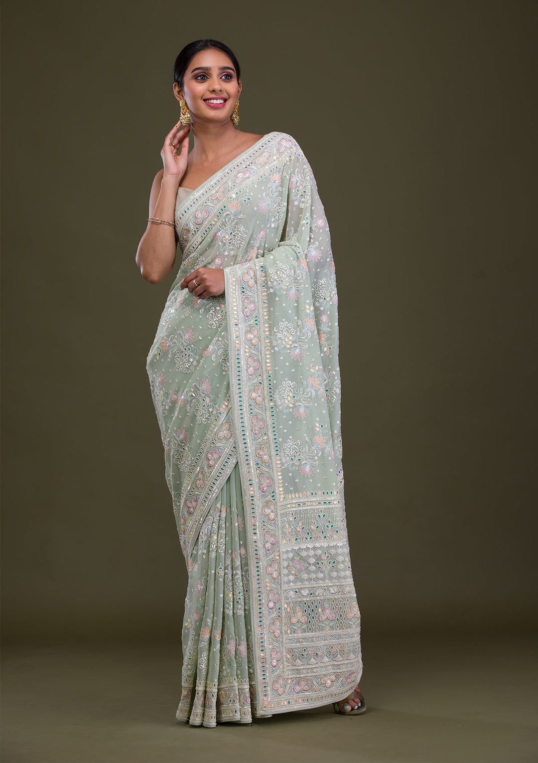 Pista Green Threadwork Georgette Saree-Koskii
