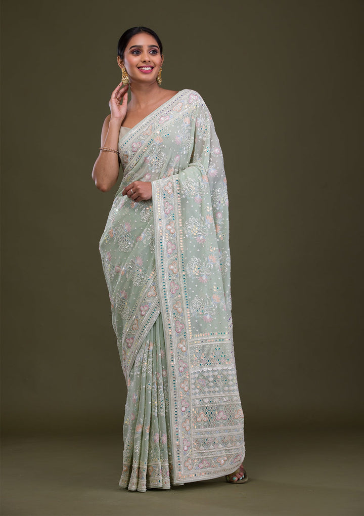 Pista Green Threadwork Georgette Saree-Koskii