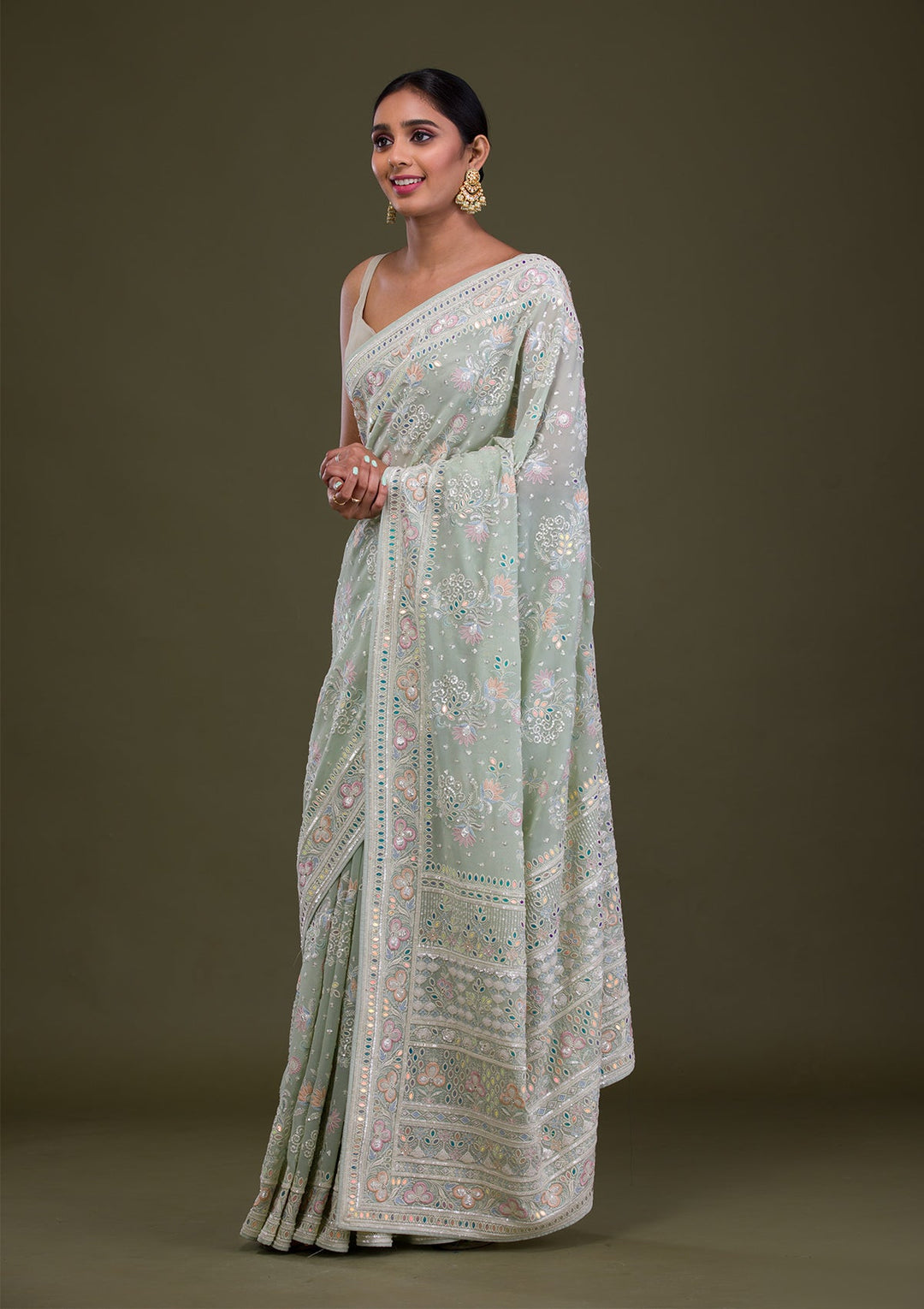 Pista Green Threadwork Georgette Saree-Koskii