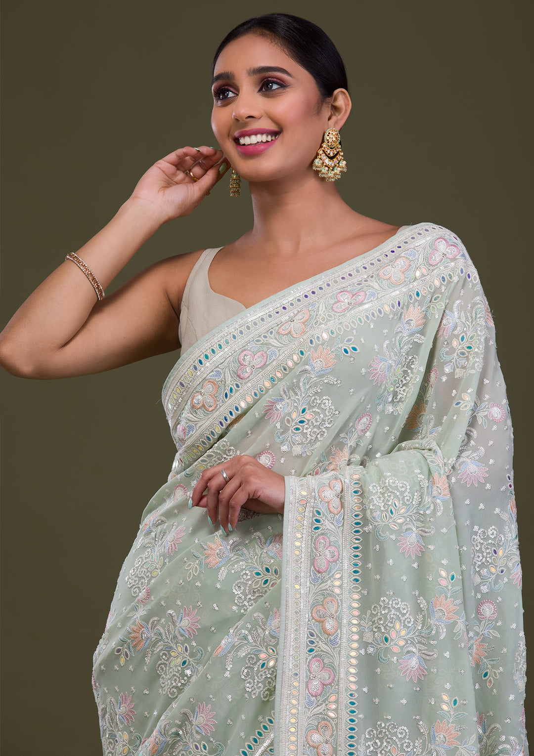 Pista Green Threadwork Georgette Saree-Koskii