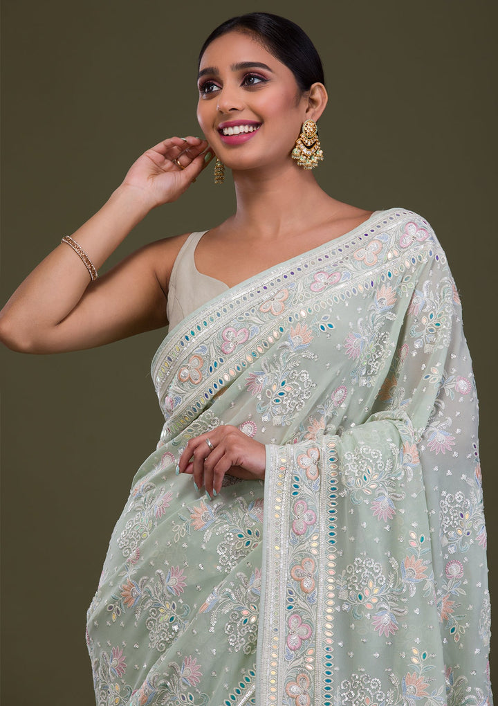 Pista Green Threadwork Georgette Saree-Koskii