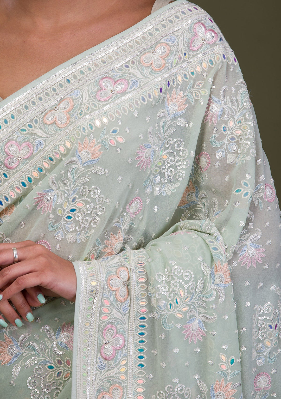 Pista Green Threadwork Georgette Saree-Koskii