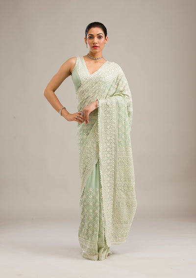 Pista Green Threadwork Georgette Saree-Koskii