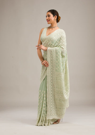 Pista Green Threadwork Georgette Saree-Koskii