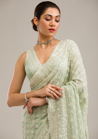 Pista Green Threadwork Georgette Saree-Koskii
