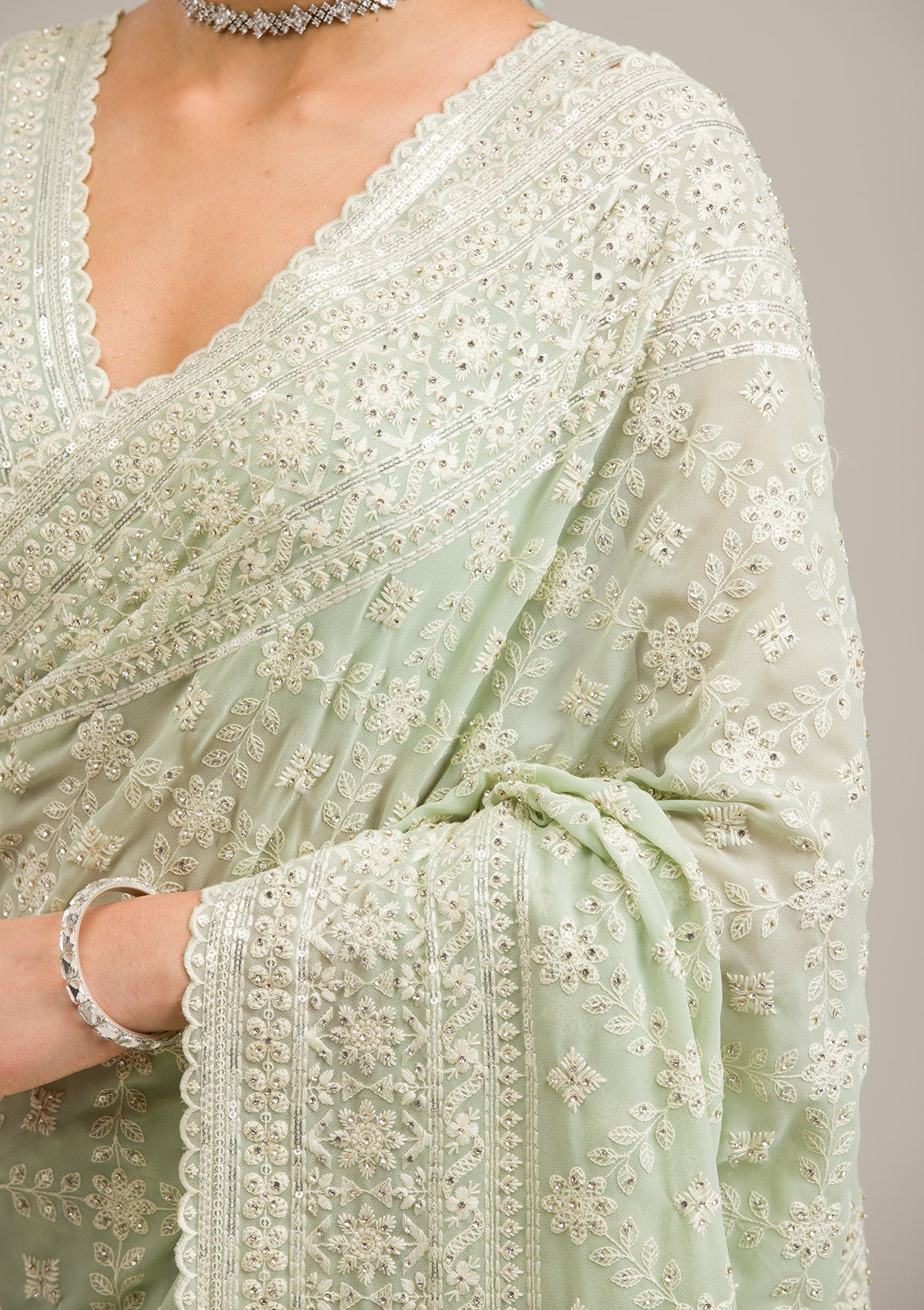 Pista Green Threadwork Georgette Saree-Koskii
