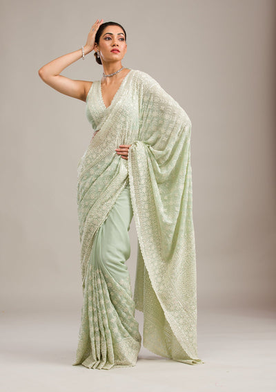 Pista Green Threadwork Georgette Saree-Koskii