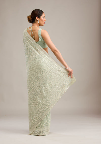 Pista Green Threadwork Georgette Saree-Koskii