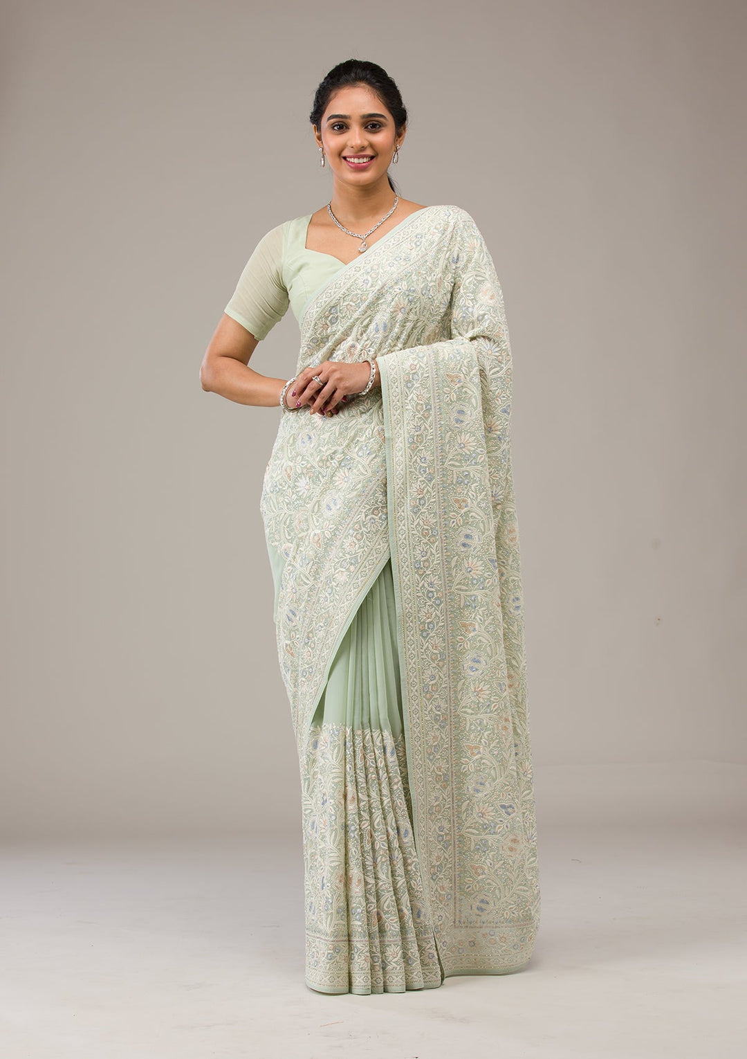 Pista Green Threadwork Georgette Saree-Koskii