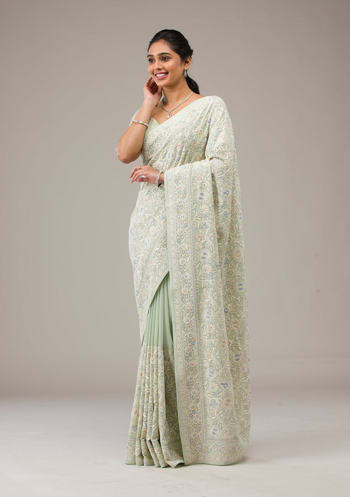 Pista Green Threadwork Georgette Saree-Koskii