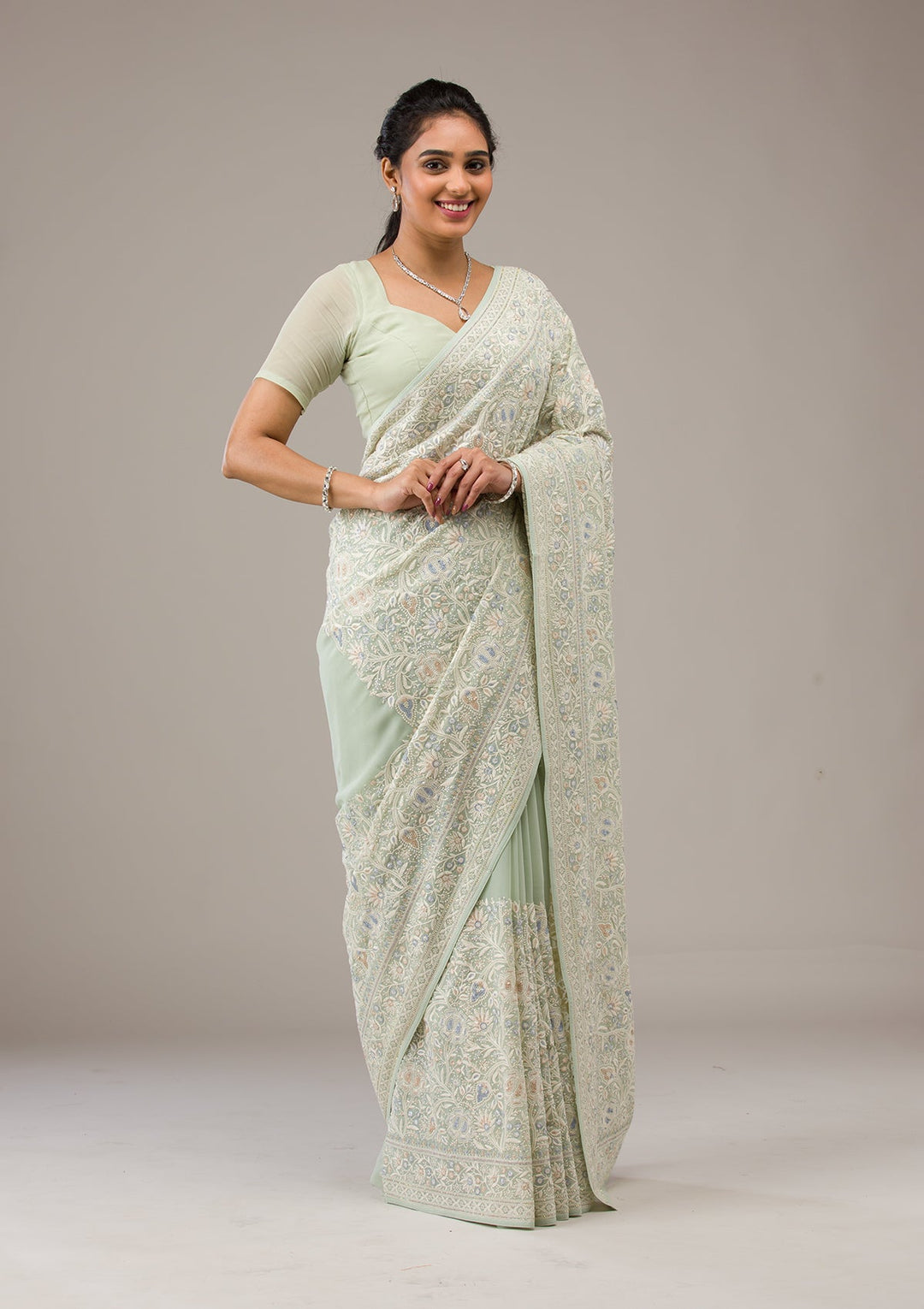 Pista Green Threadwork Georgette Saree-Koskii