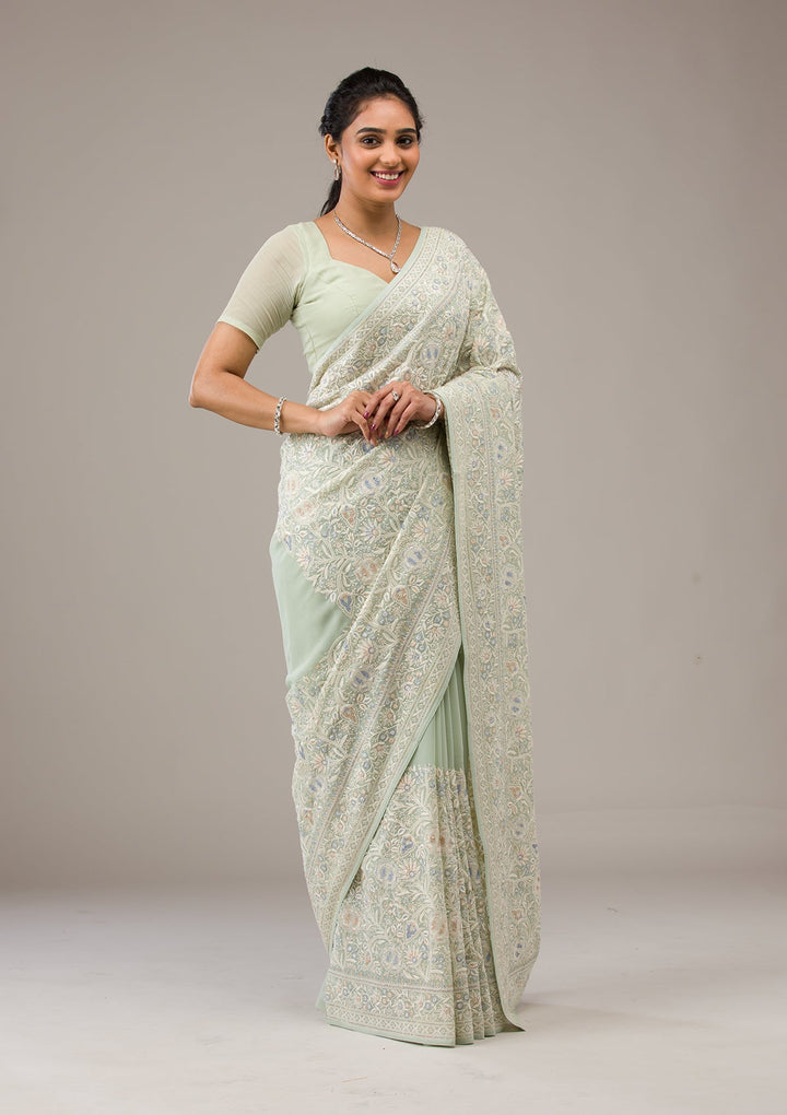 Pista Green Threadwork Georgette Saree-Koskii