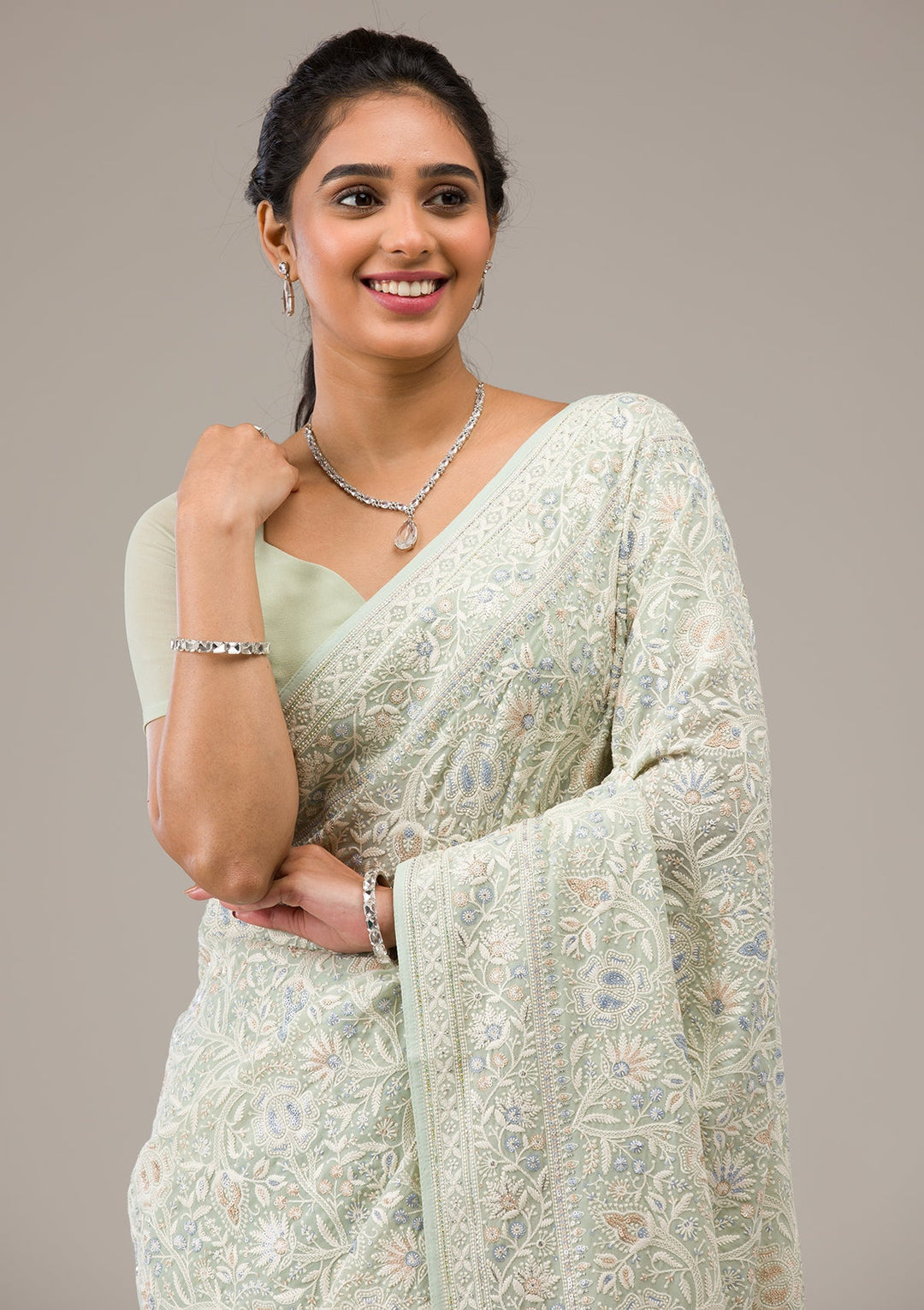 Pista Green Threadwork Georgette Saree-Koskii