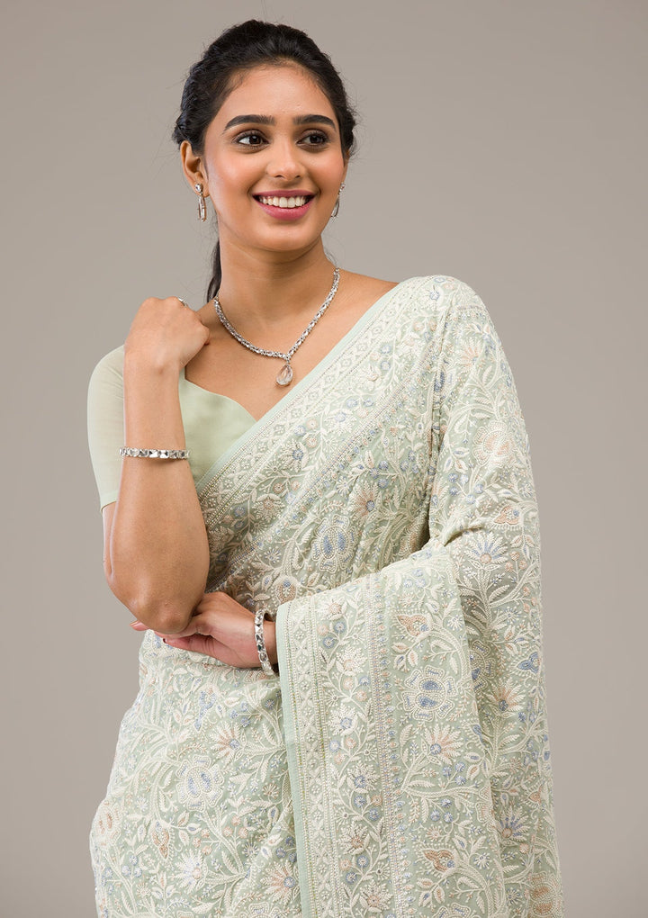 Pista Green Threadwork Georgette Saree-Koskii