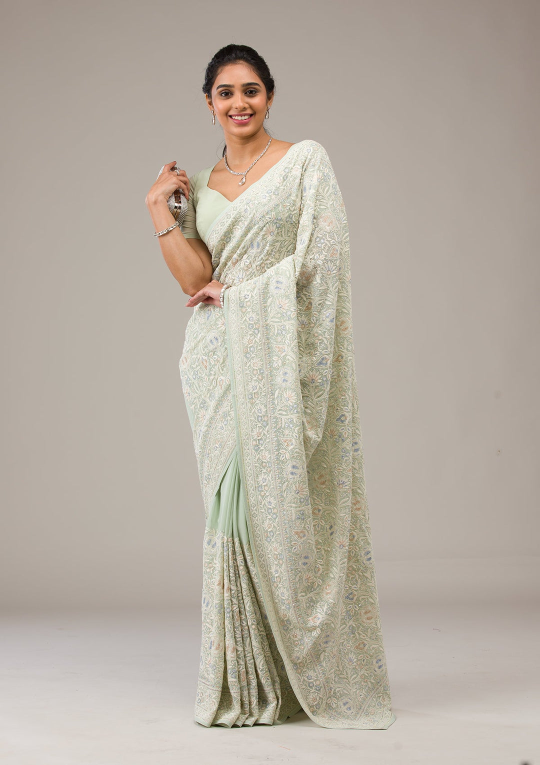 Pista Green Threadwork Georgette Saree-Koskii