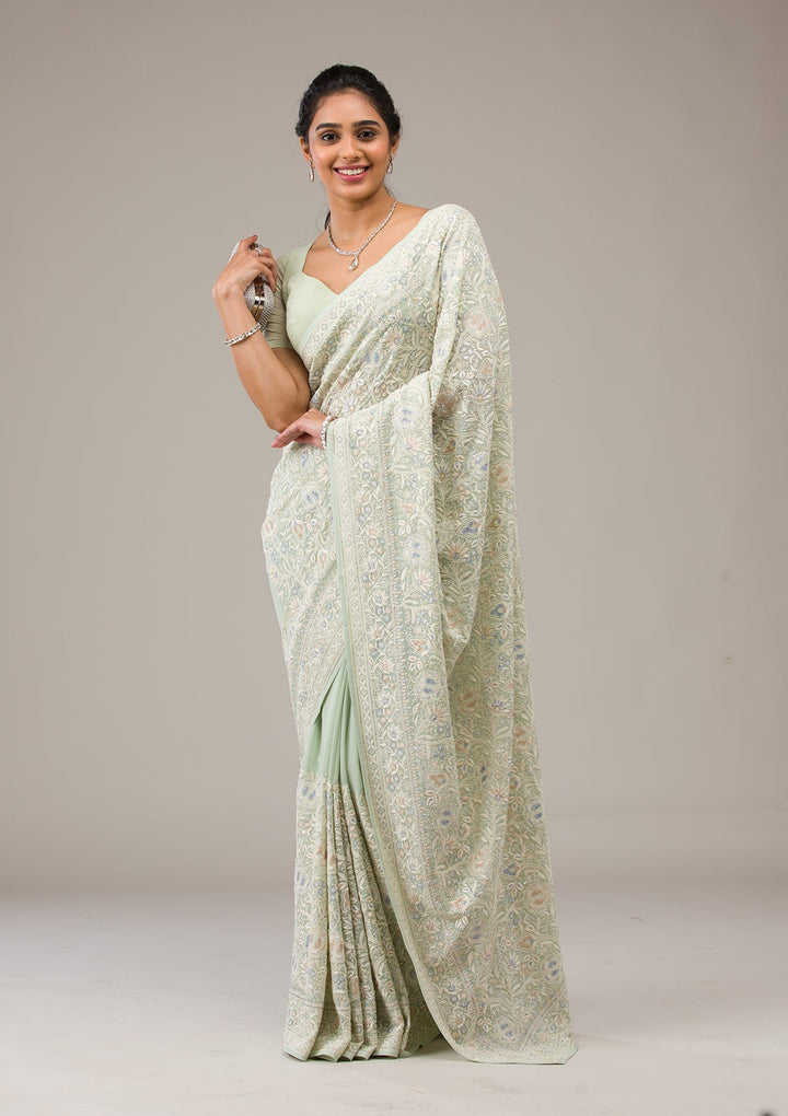 Pista Green Threadwork Georgette Saree-Koskii