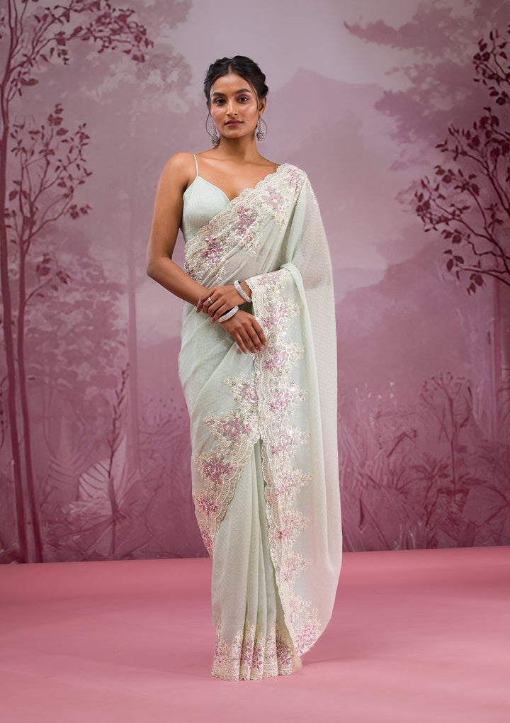 Pista Green Threadwork Georgette Saree-Koskii