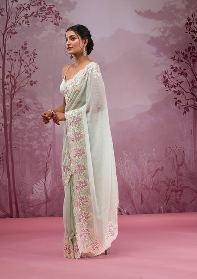 Pista Green Threadwork Georgette Saree-Koskii