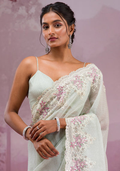 Pista Green Threadwork Georgette Saree-Koskii