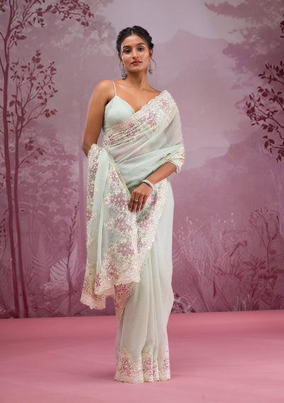 Pista Green Threadwork Georgette Saree-Koskii
