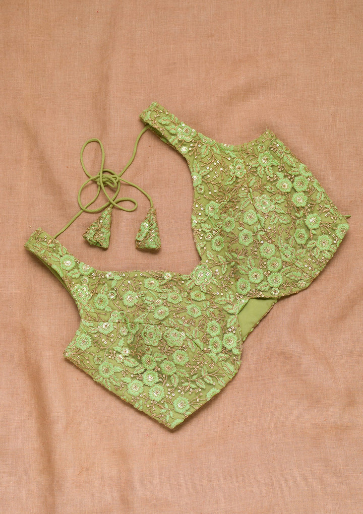 Pista Green Threadwork Net Blouse-Koskii
