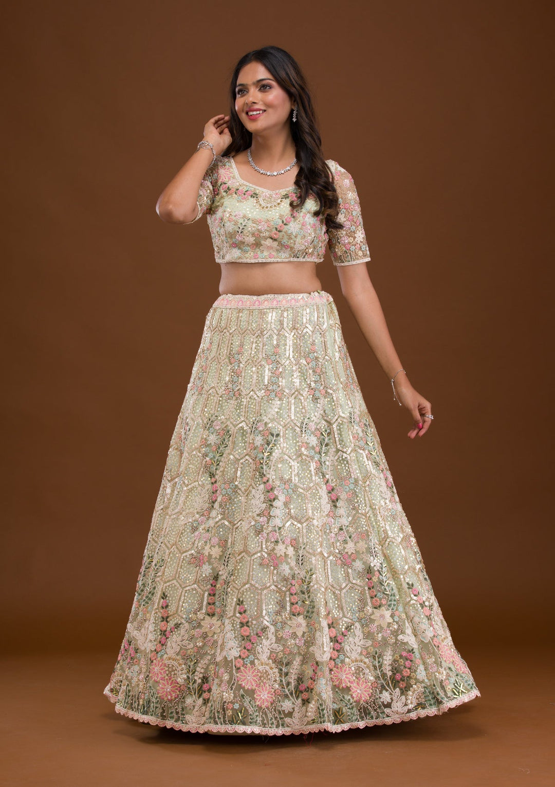 Pista Green Threadwork Net Readymade Lehenga-Koskii