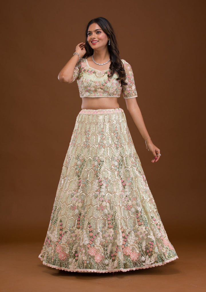 Pista Green Threadwork Net Readymade Lehenga-Koskii