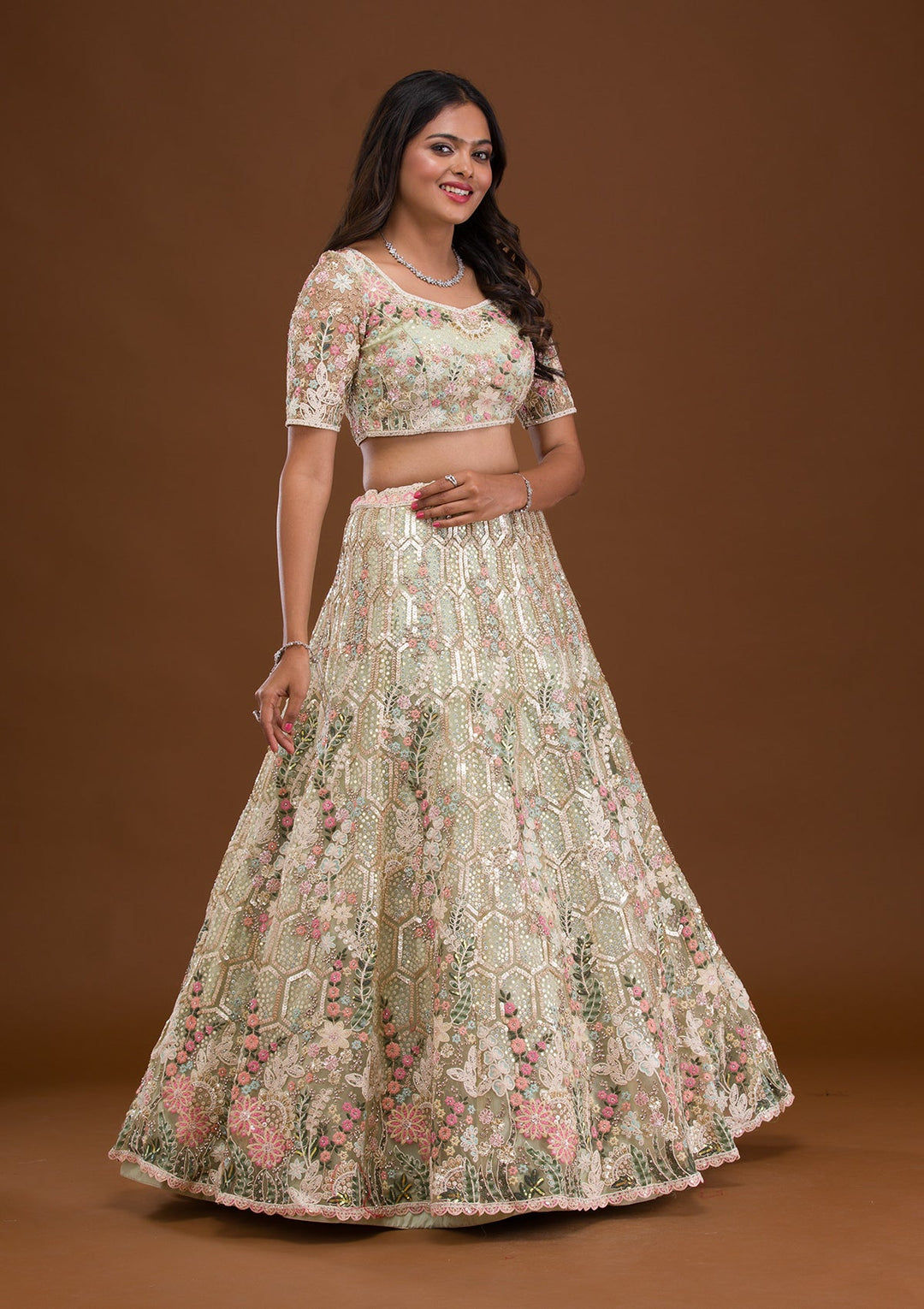 Pista Green Threadwork Net Readymade Lehenga-Koskii