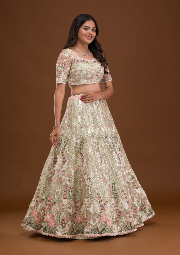 Pista Green Threadwork Net Readymade Lehenga-Koskii