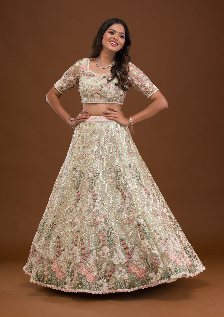 Pista Green Threadwork Net Readymade Lehenga-Koskii