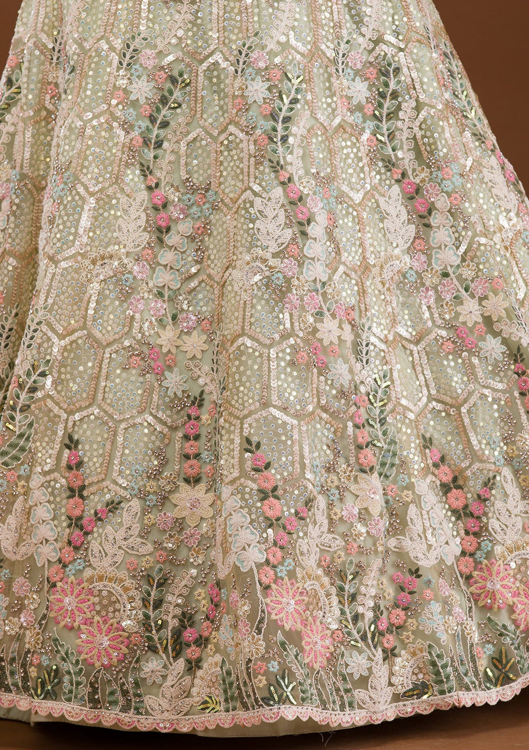 Pista Green Threadwork Net Readymade Lehenga-Koskii