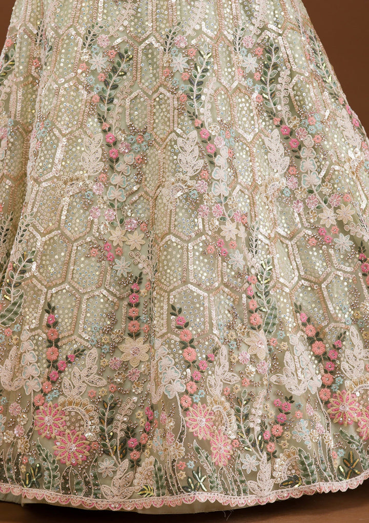 Pista Green Threadwork Net Readymade Lehenga-Koskii