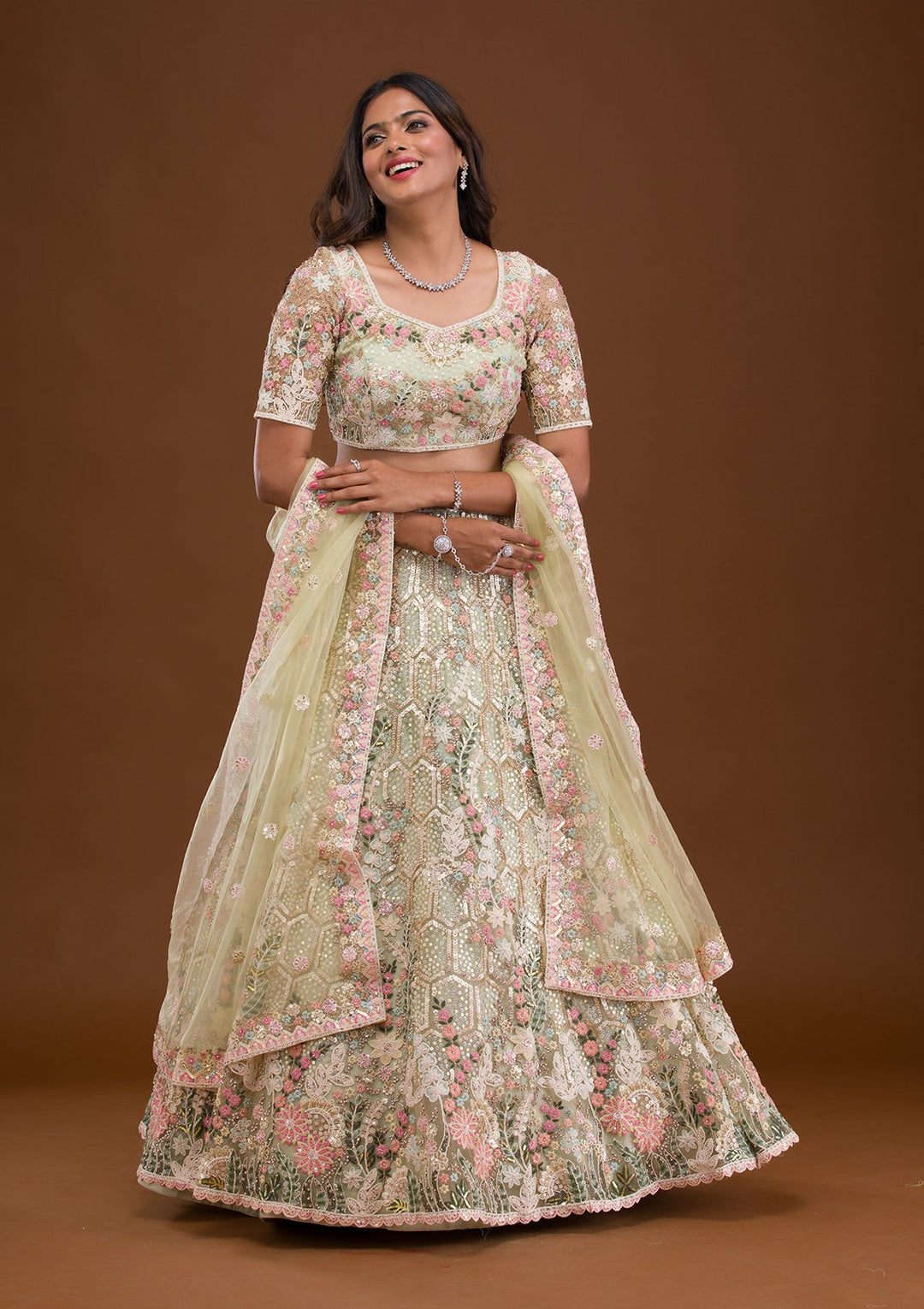 Pista Green Threadwork Net Readymade Lehenga-Koskii