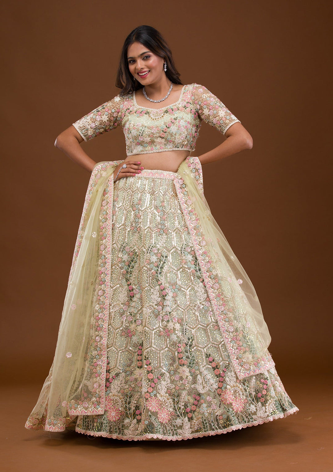 Pista Green Threadwork Net Readymade Lehenga-Koskii