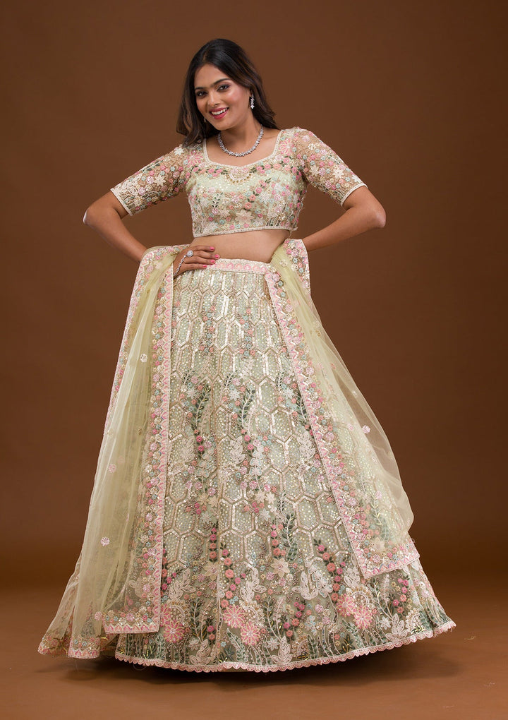 Pista Green Threadwork Net Readymade Lehenga-Koskii