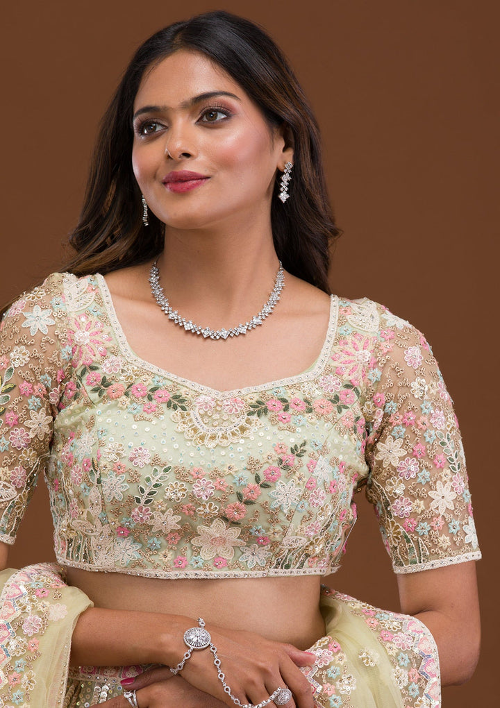 Pista Green Threadwork Net Readymade Lehenga-Koskii