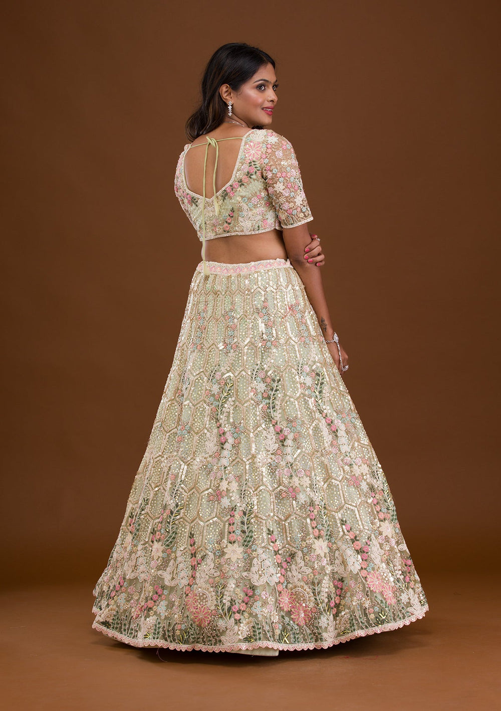Pista Green Threadwork Net Readymade Lehenga-Koskii