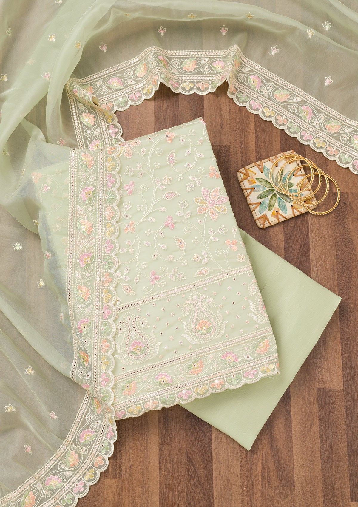 Pista Green Threadwork Organza Unstitched Salwar Suit-Koskii