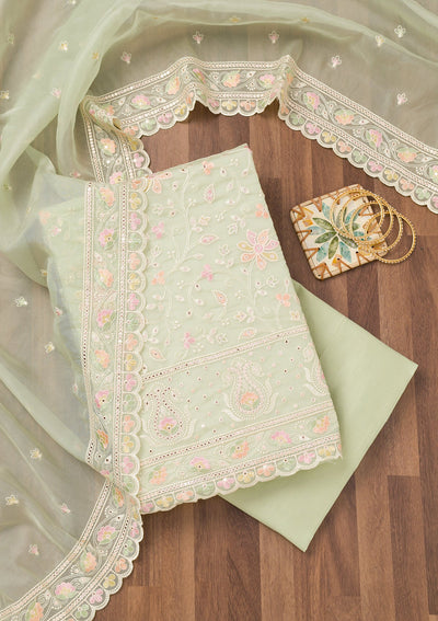 Pista Green Threadwork Organza Unstitched Salwar Suit-Koskii