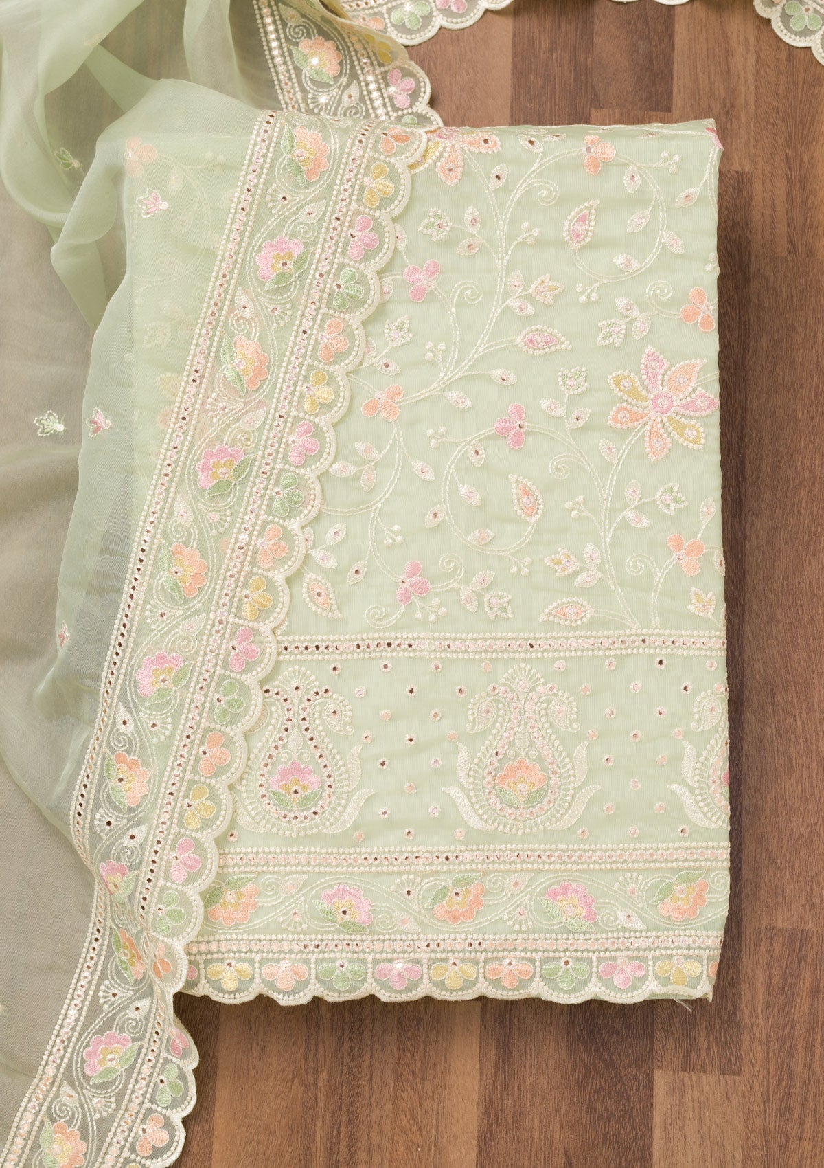 Pista Green Threadwork Organza Unstitched Salwar Suit-Koskii