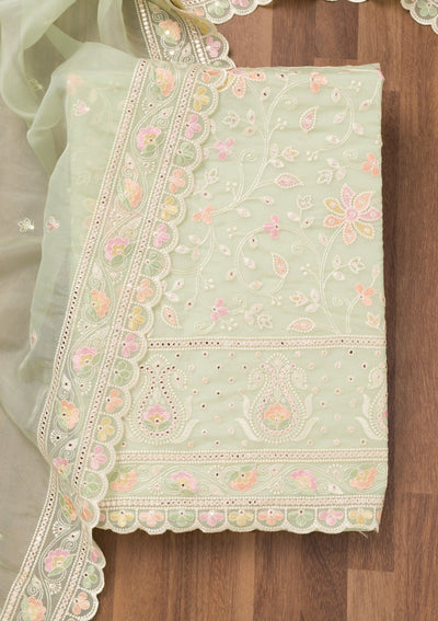 Pista Green Threadwork Organza Unstitched Salwar Suit-Koskii