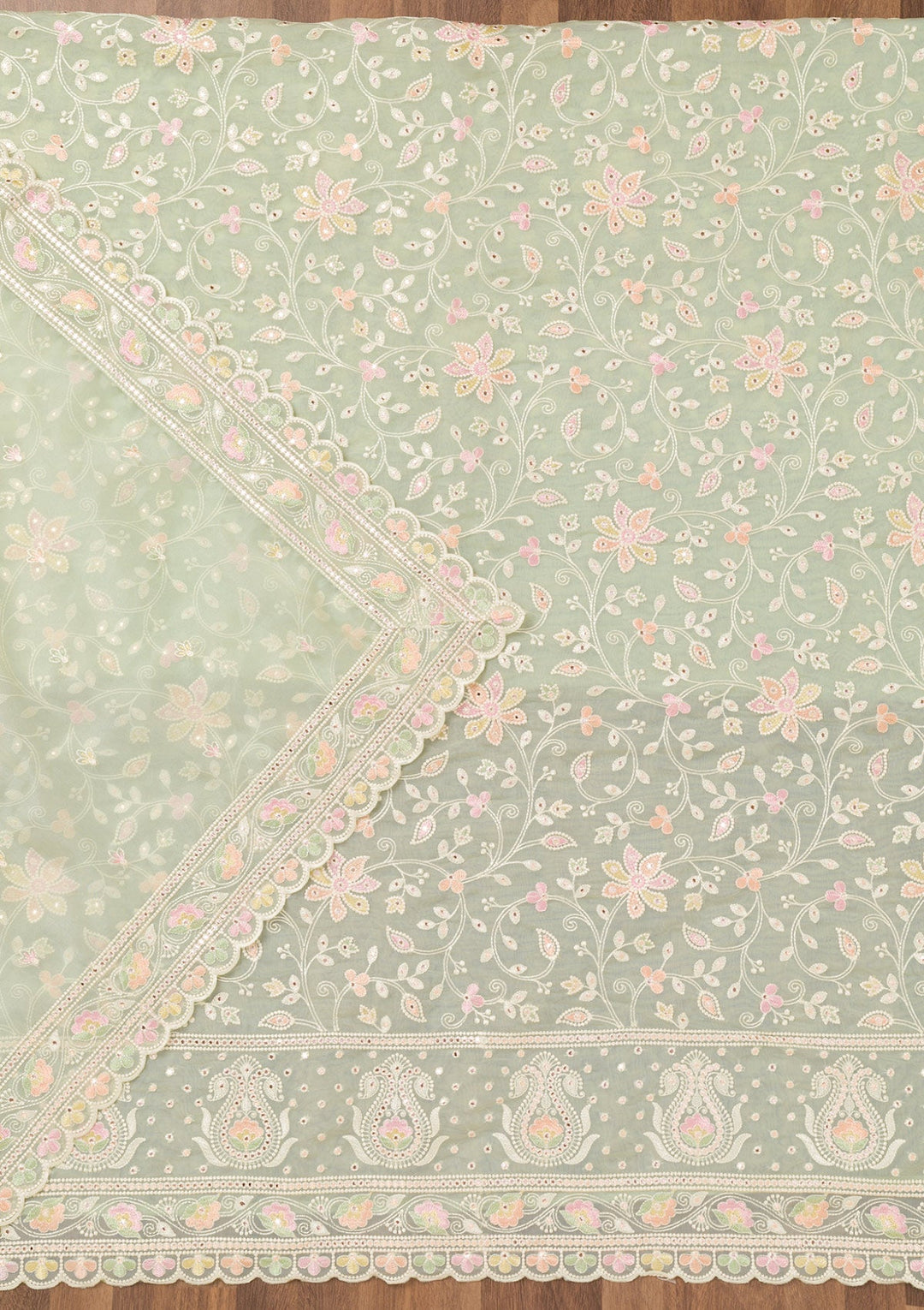 Pista Green Threadwork Organza Unstitched Salwar Suit-Koskii