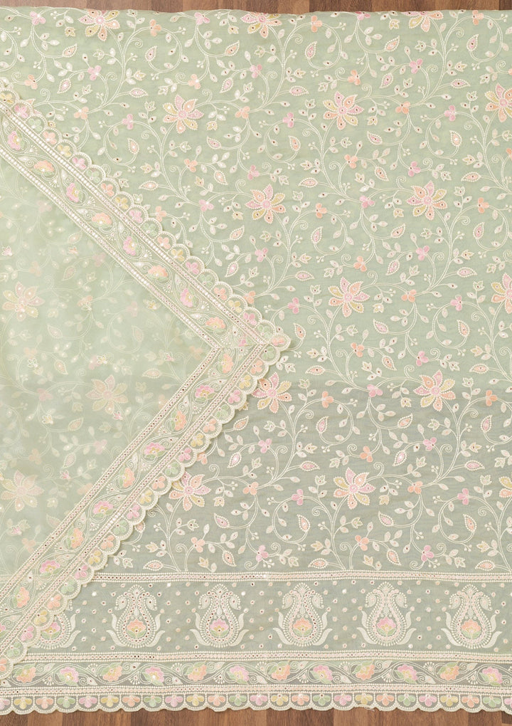 Pista Green Threadwork Organza Unstitched Salwar Suit-Koskii