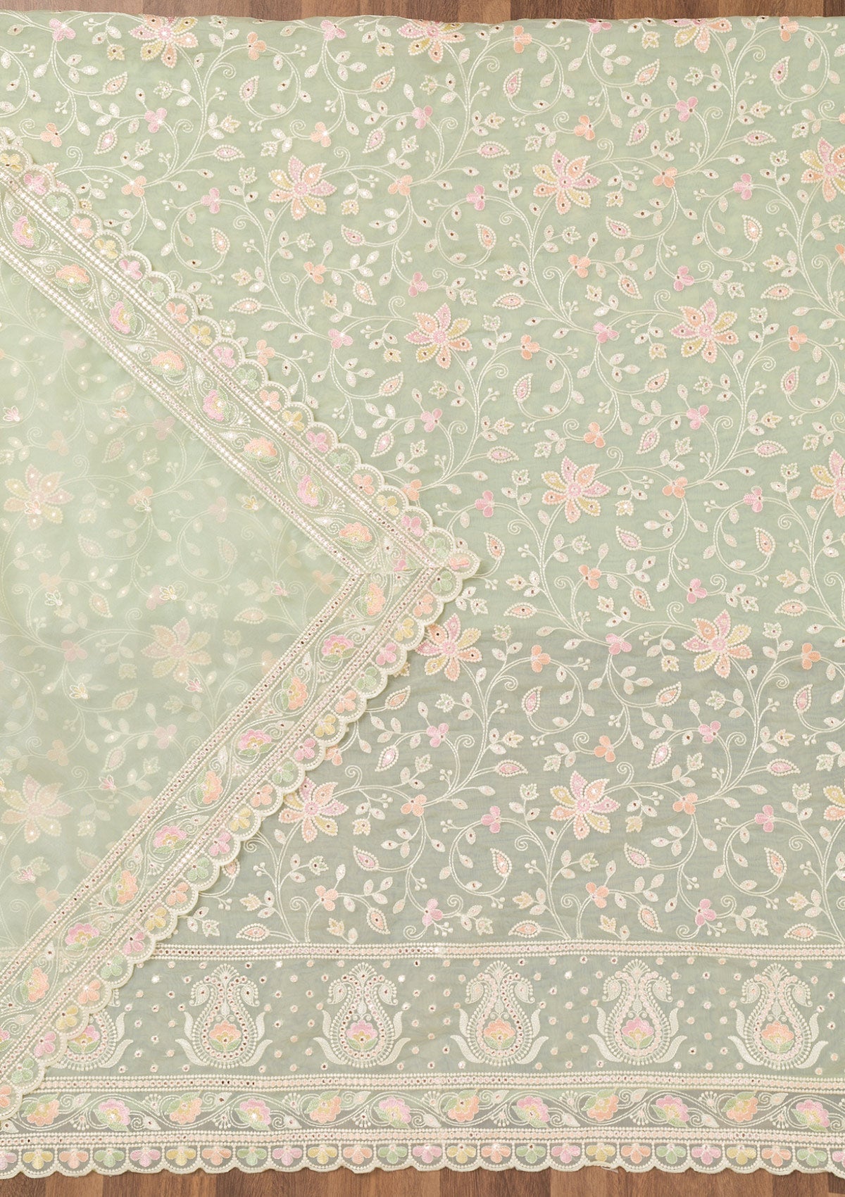 Pista Green Threadwork Organza Unstitched Salwar Suit-Koskii