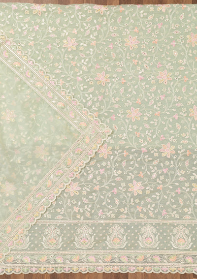 Pista Green Threadwork Organza Unstitched Salwar Suit-Koskii