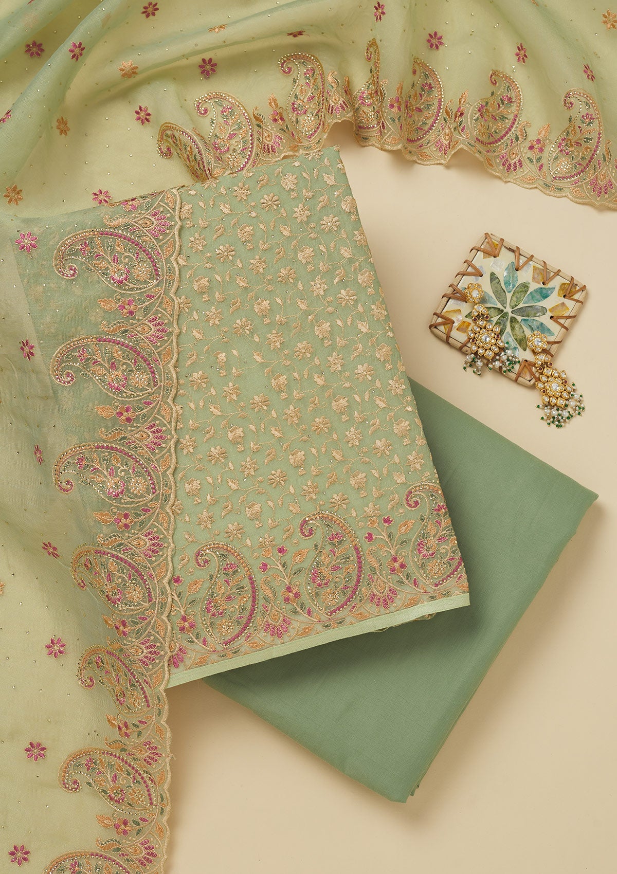 Pista Green Threadwork Organza Unstitched Salwar Suit-Koskii