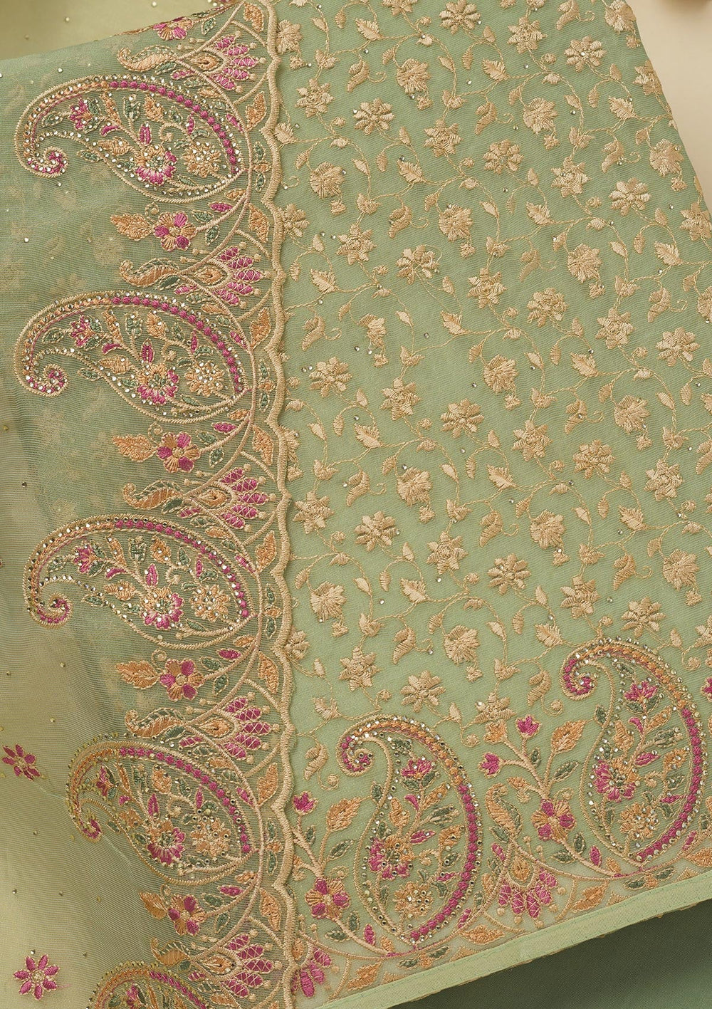 Pista Green Threadwork Organza Unstitched Salwar Suit-Koskii