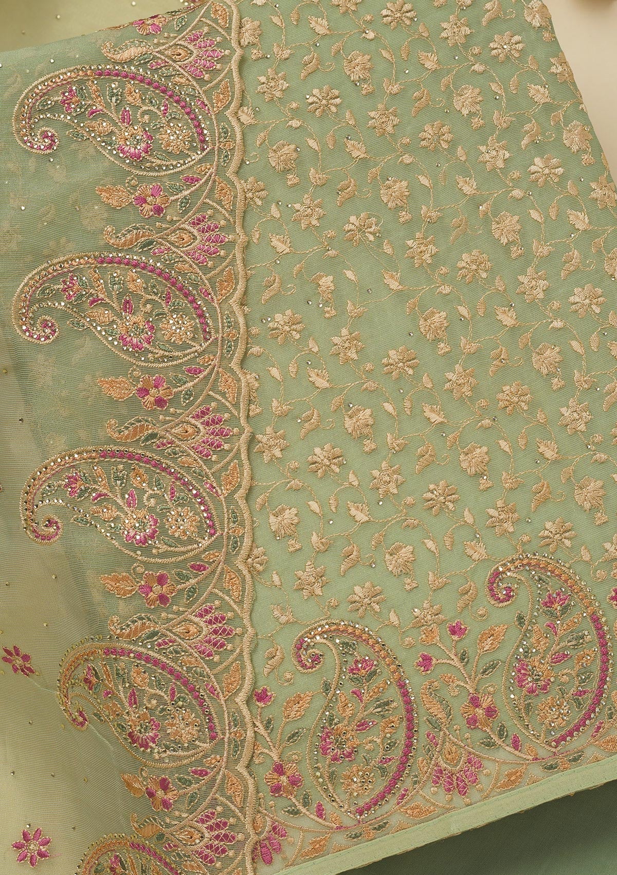 Pista Green Threadwork Organza Unstitched Salwar Suit-Koskii